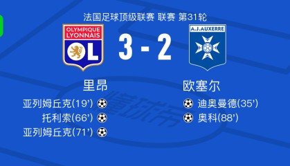 熊猫体育app下载-里昂3-2欧塞尔，亚列姆丘克两球，托利索替补传射
